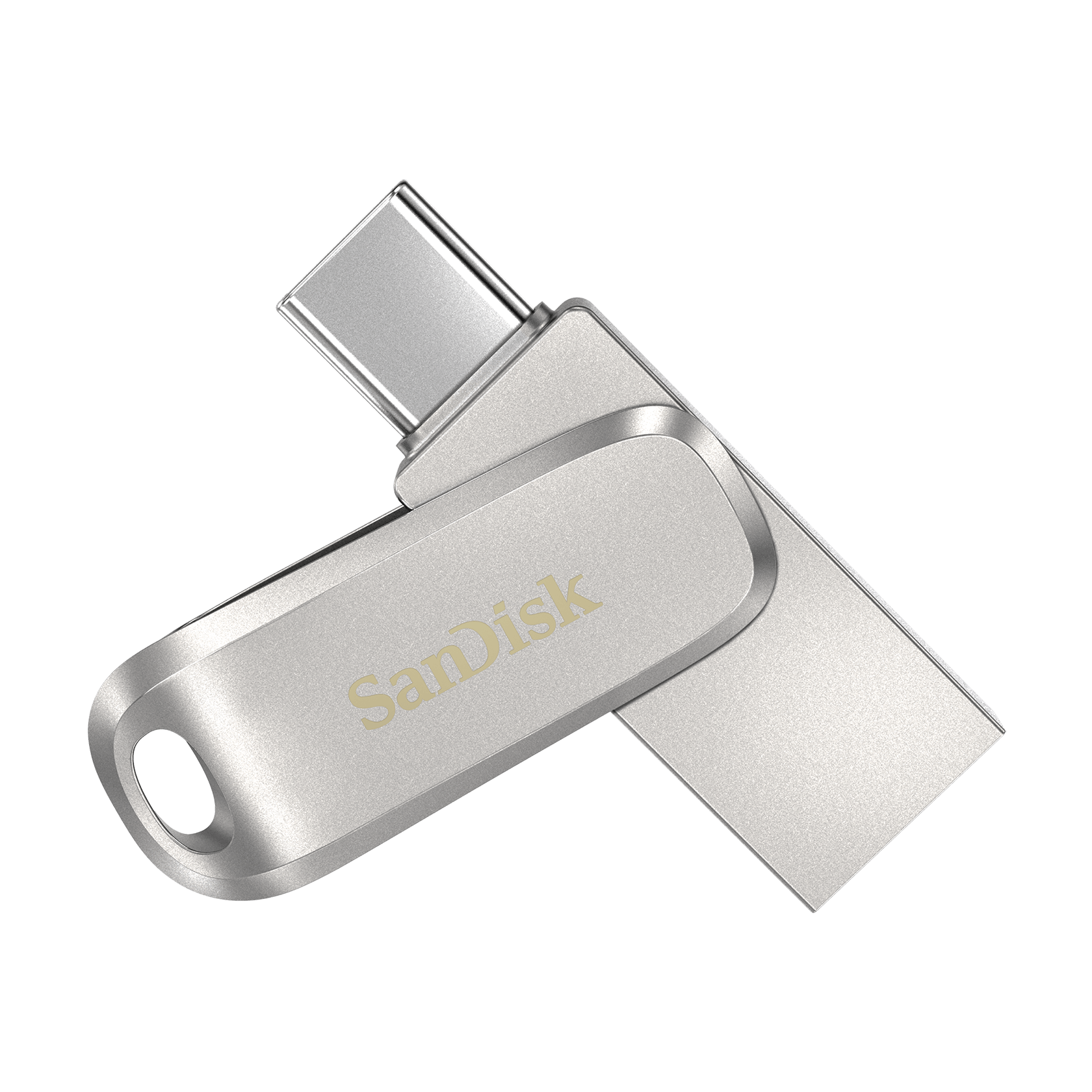 Silver SanDisk Dual Connector USB Flash Drive With Keyring Opening PNG Photo