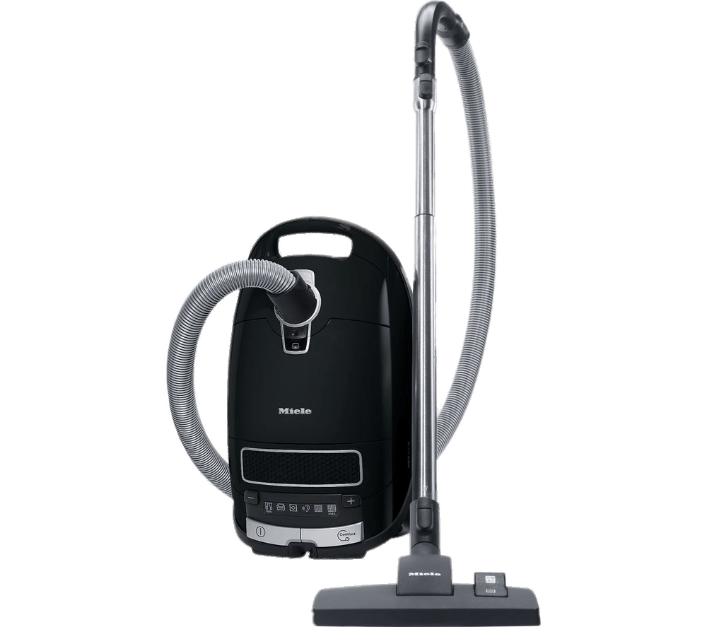 Black Bagged Canister Vacuum Cleaner With Floor Tool And Curved Hose PNG Photo