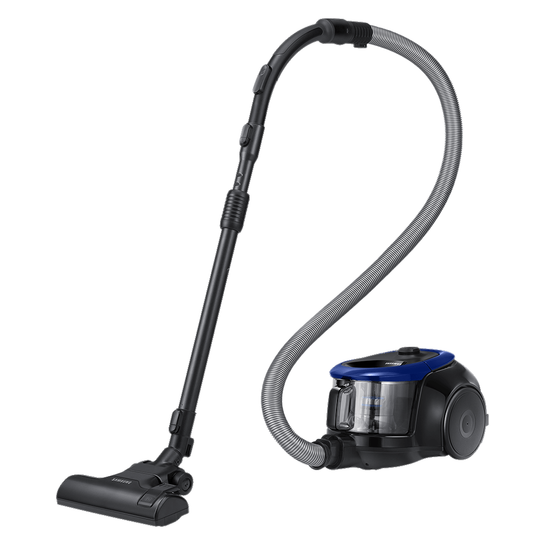 Black Cylinder Vacuum Cleaner With Hose And Wide Floor Head PNG Product Image