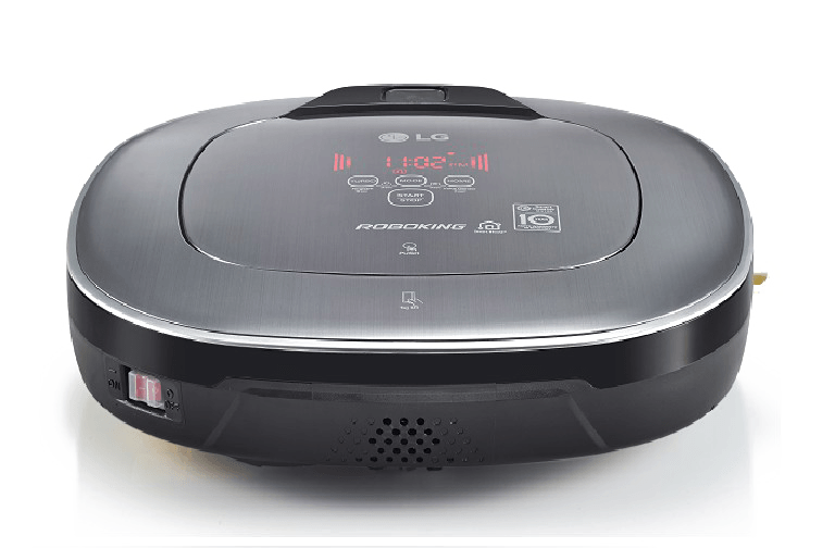Black Round Robotic Vacuum Cleaner With Top Control Panel PNG Product Image