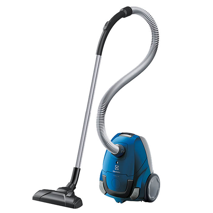 Blue Cylinder Vacuum Cleaner With Chrome Wand And Floor Head PNG Product Photo