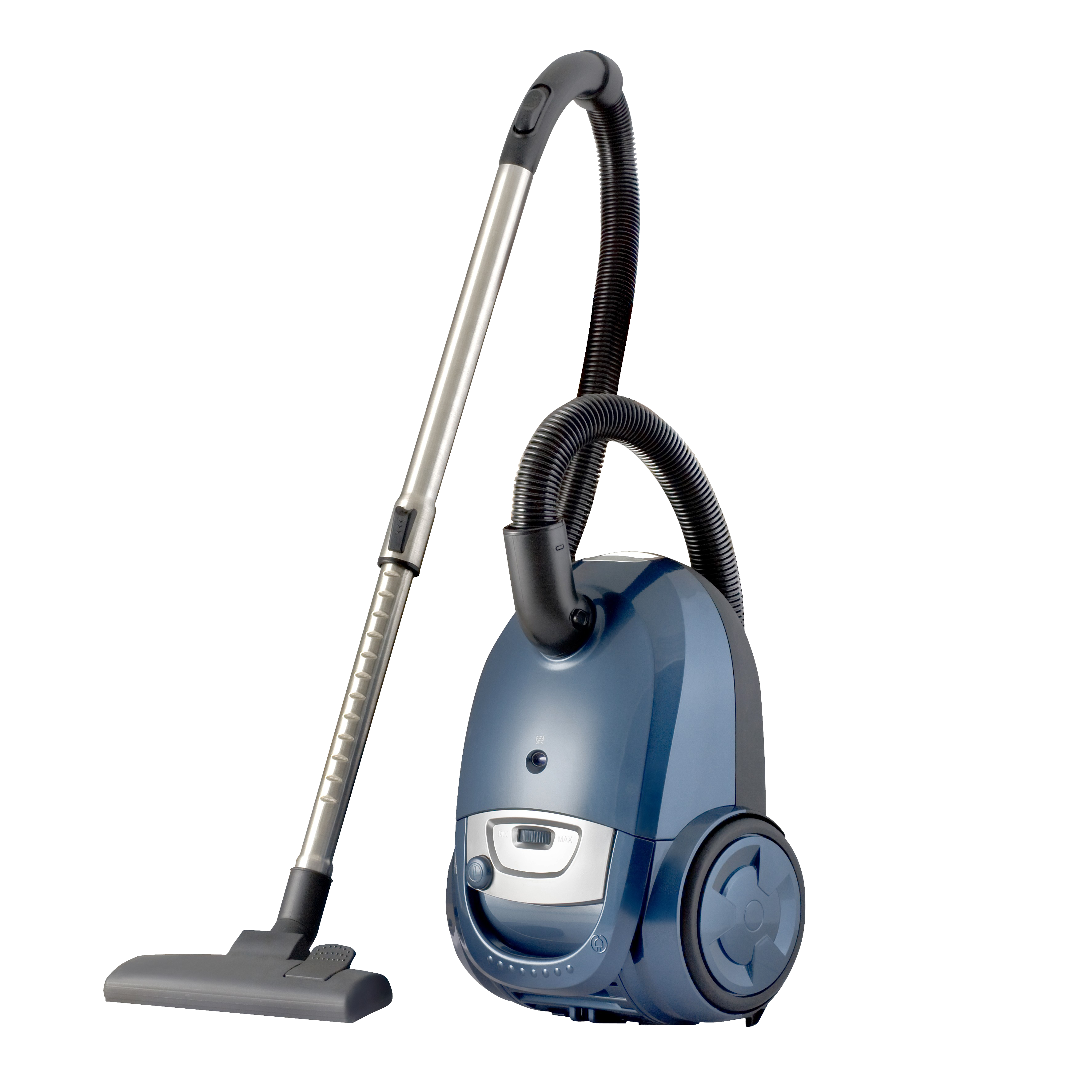 Blue Cylinder Vacuum Cleaner With Hose And Silver Floor Nozzle PNG Product Photo
