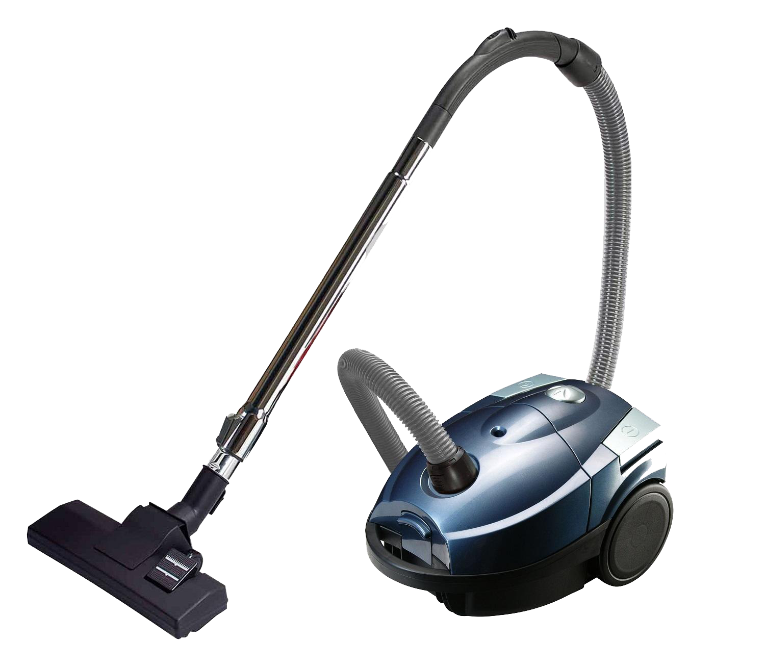 Blue Gray Canister Vacuum Cleaner With Long Wand And Curved Hose PNG Product Photo