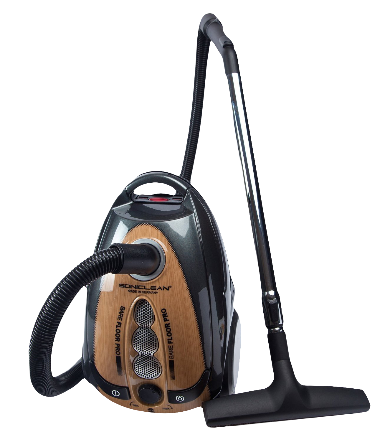 Brown And Black Cylinder Vacuum Cleaner With Handle And Floor Nozzle PNG Image