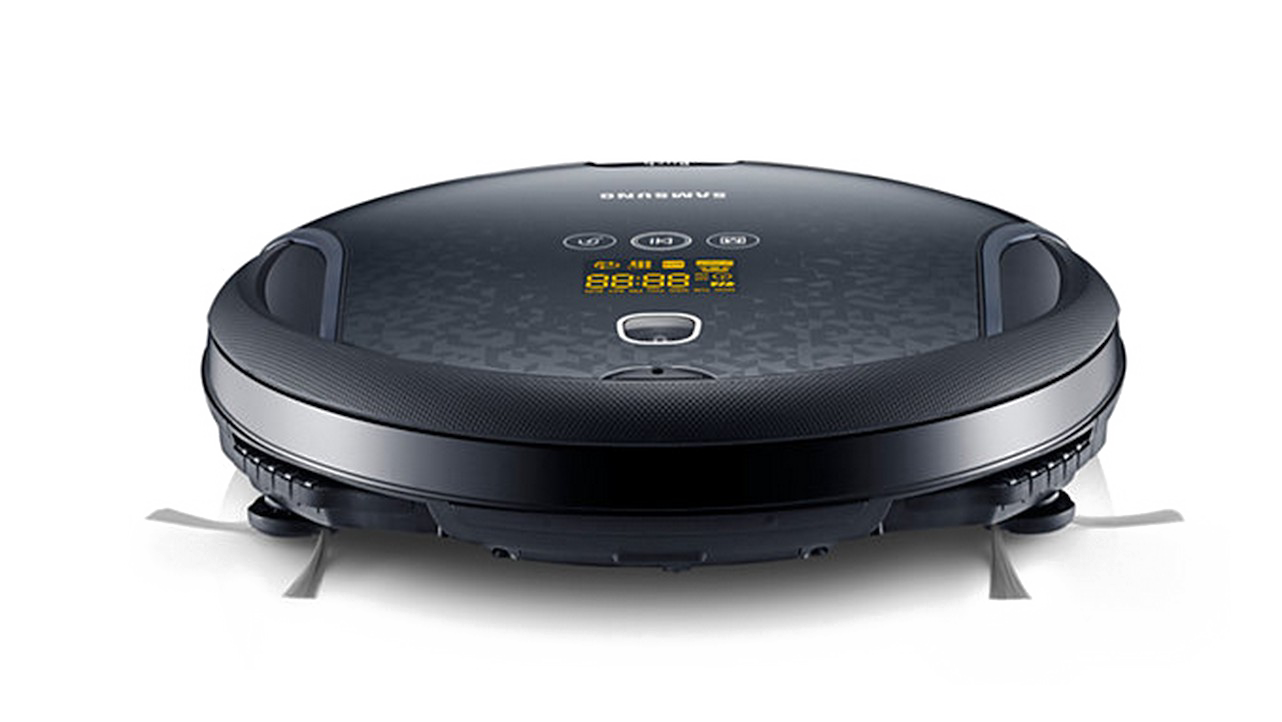 Dark Blue Robot Vacuum Cleaner With Silver Top And Front Bumper PNG Appliance Image