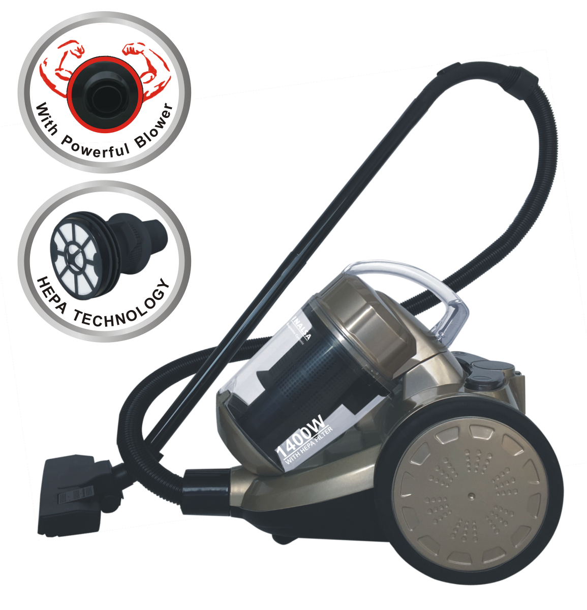 Gray Bagless Cylinder Vacuum Cleaner With Transparent Dust Compartment PNG Photo
