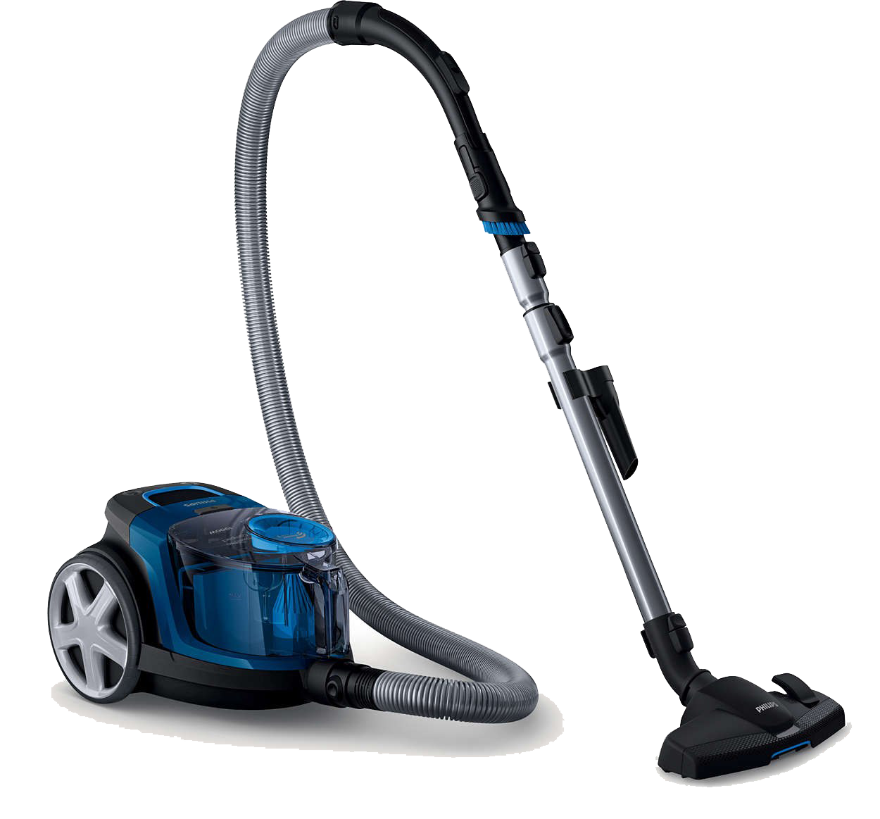 Blue Bagless Canister Vacuum With Long Metal Wand And Hose PNG Appliance Image