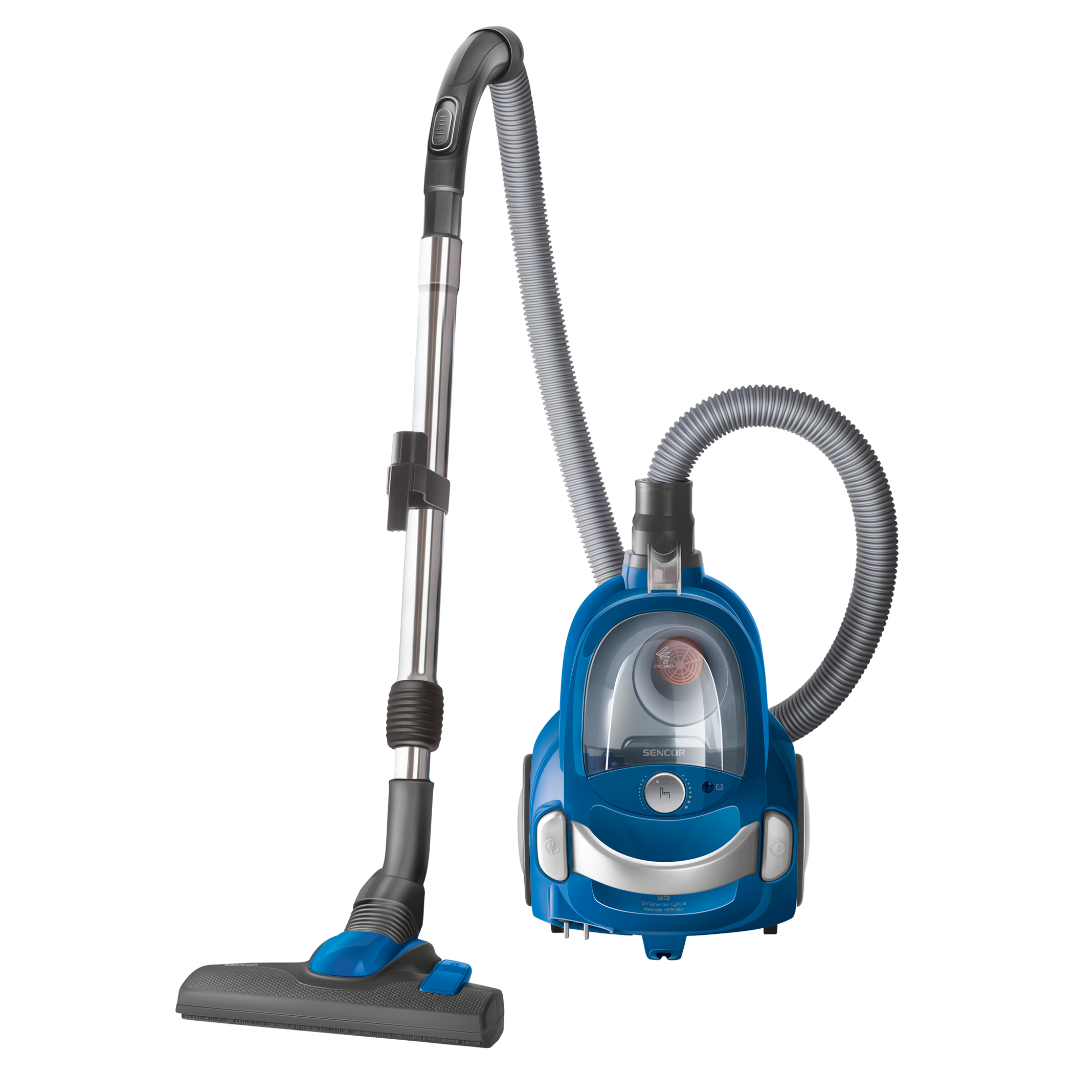 Blue Canister Vacuum Cleaner With Gray Hose And Metal Extension Wand PNG Image