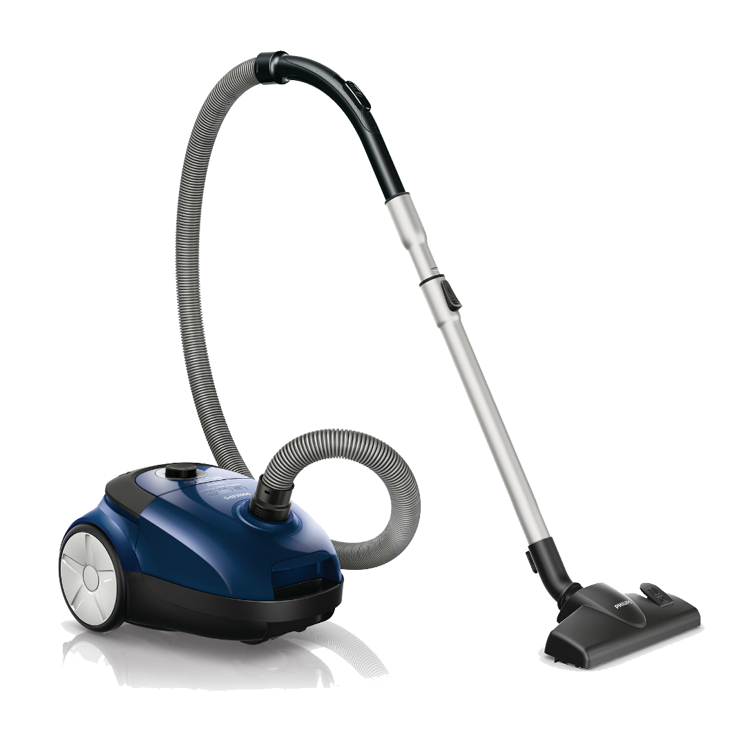 Blue Canister Vacuum Cleaner With Round Body And Floor Attachment PNG Product Photo