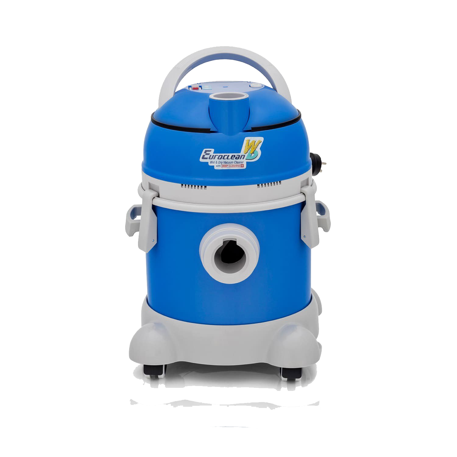 Blue Cartoon Canister Vacuum Cleaner With Smiling Front Panel PNG Character Art