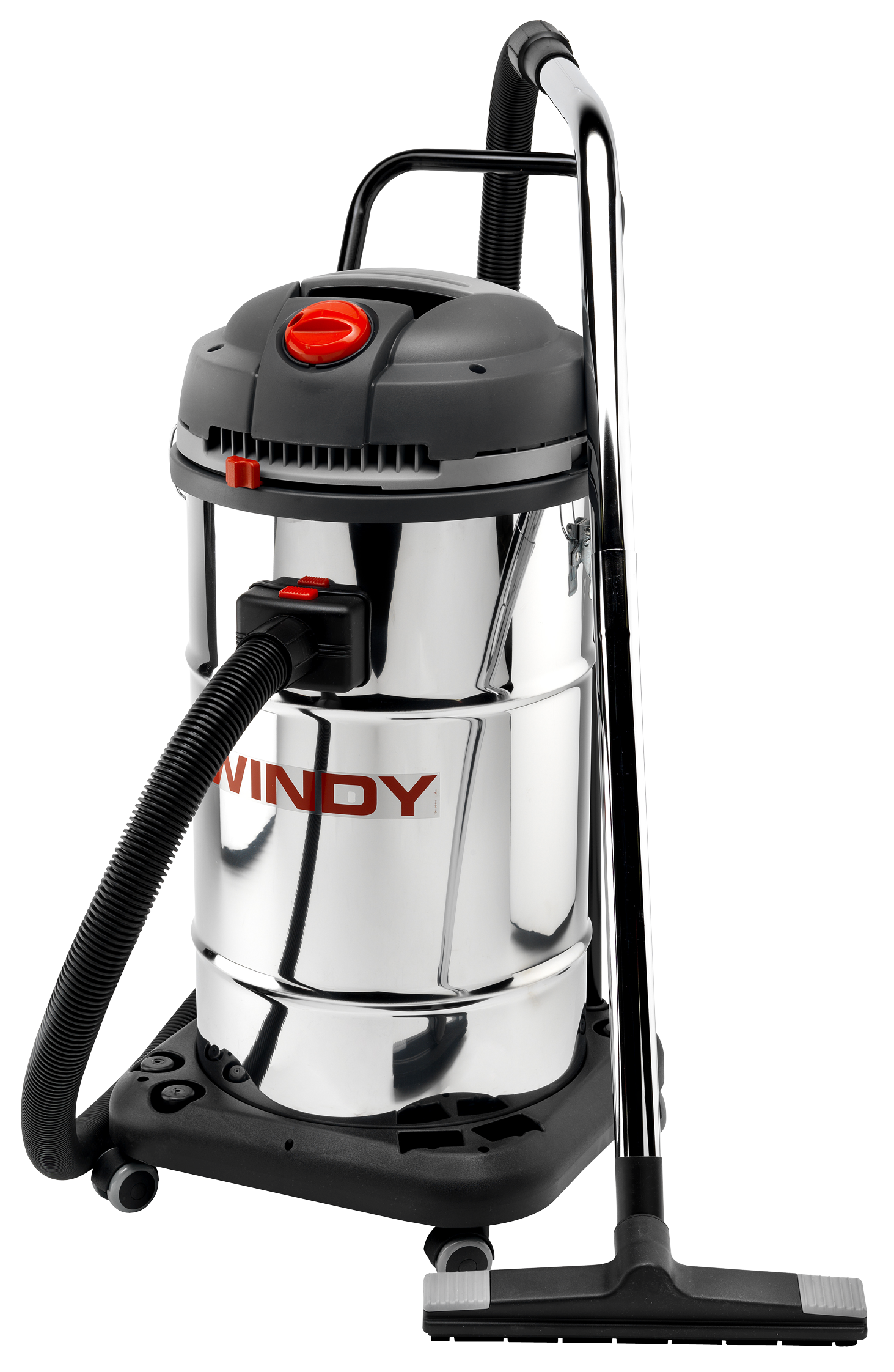 Red And Gray Commercial Vacuum Cleaner With Wheels And Tool Hose PNG Image