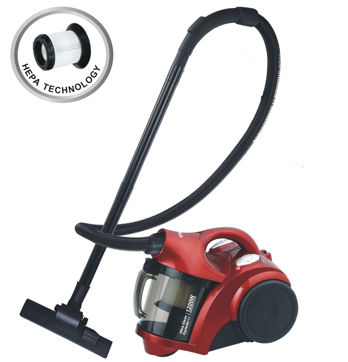 Red Bagless Canister Vacuum With Detachable Filter And Floor Head PNG Product Image