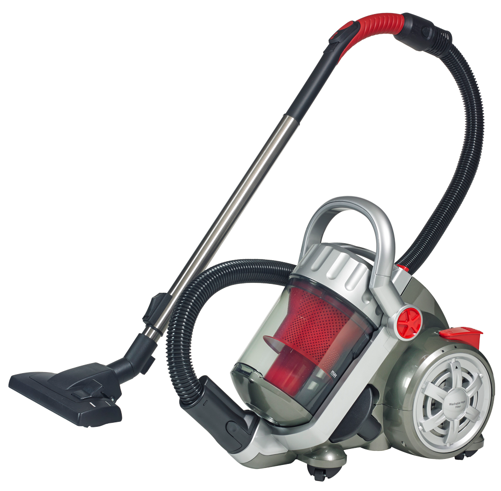 Red Bagless Cylinder Vacuum With Clear Dust Bin And Swivel Wheels PNG Product Photo