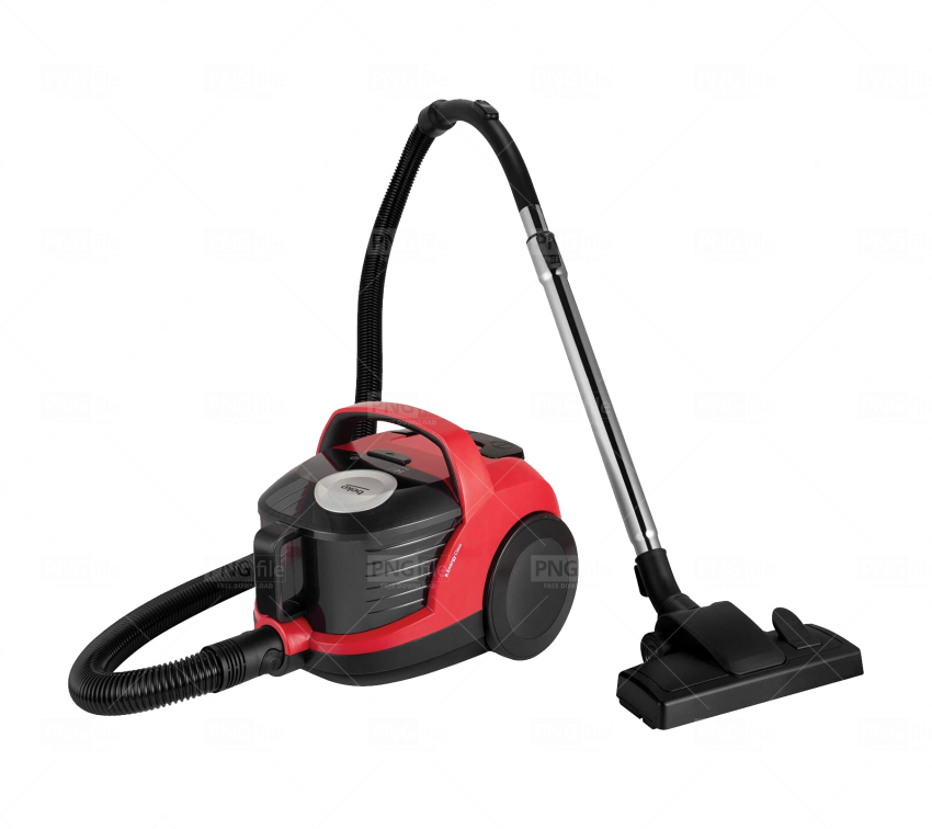 Red Canister Vacuum Cleaner With Wide Floor Brush And Hose PNG Product Image