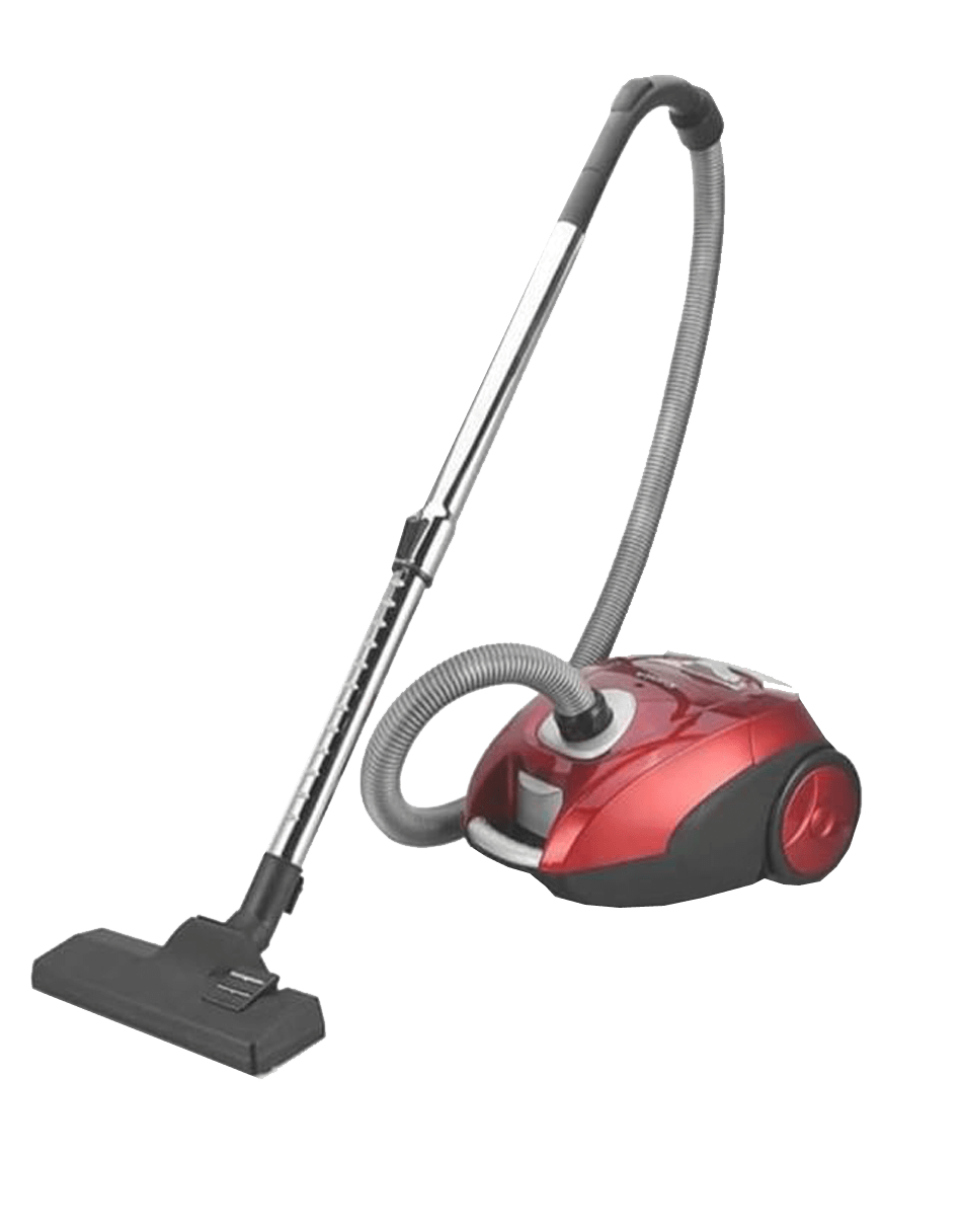 Red Compact Canister Vacuum Cleaner With Gray Floor Nozzle PNG Product Photo