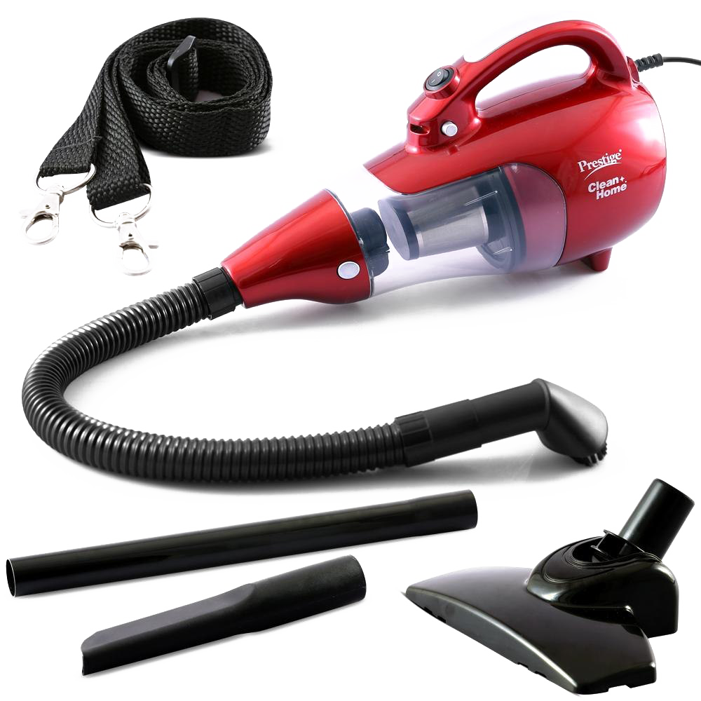 Red Handheld Vacuum Cleaner With Hose And Interchangeable Cleaning Tools PNG Product Graphic