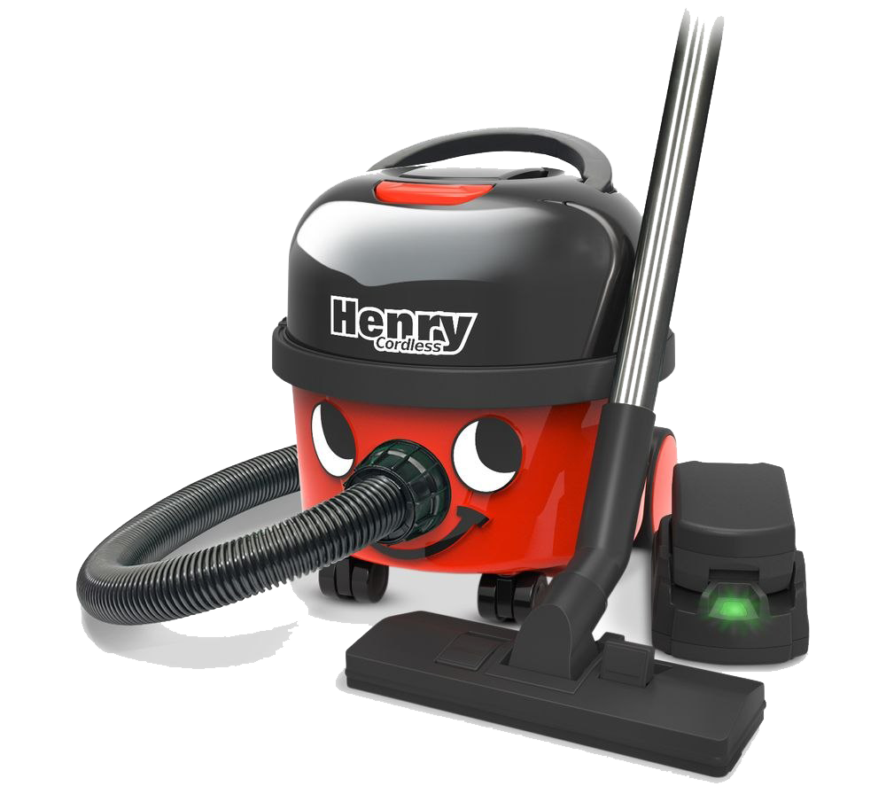 Red Smiling Canister Vacuum Cleaner With Hose And Tool Storage PNG Illustration