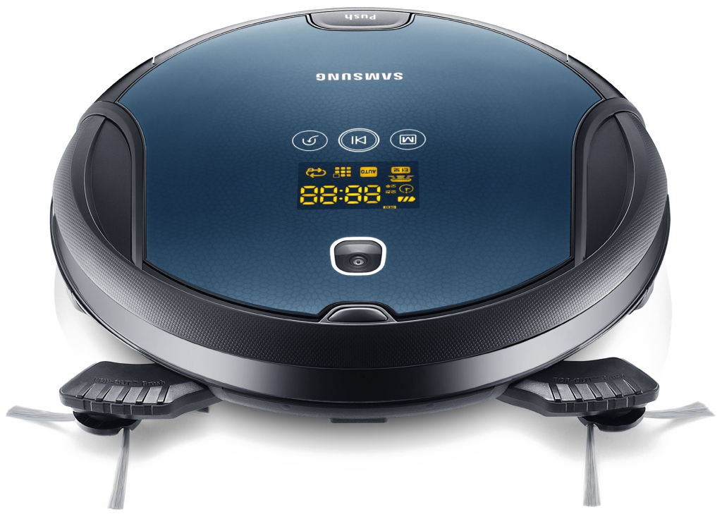Samsung Style Dark Blue Robotic Vacuum Cleaner With Display PNG Image