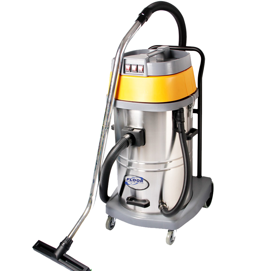 Stainless Steel Industrial Wet And Dry Vacuum Cleaner With Yellow Lid PNG Equipment Image