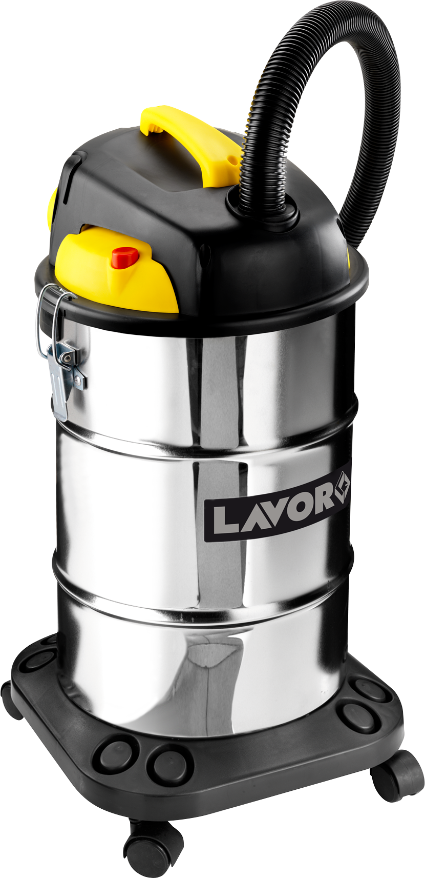 Stainless Steel Industrial Wet Dry Vacuum With Yellow Top Handle PNG Equipment Photo
