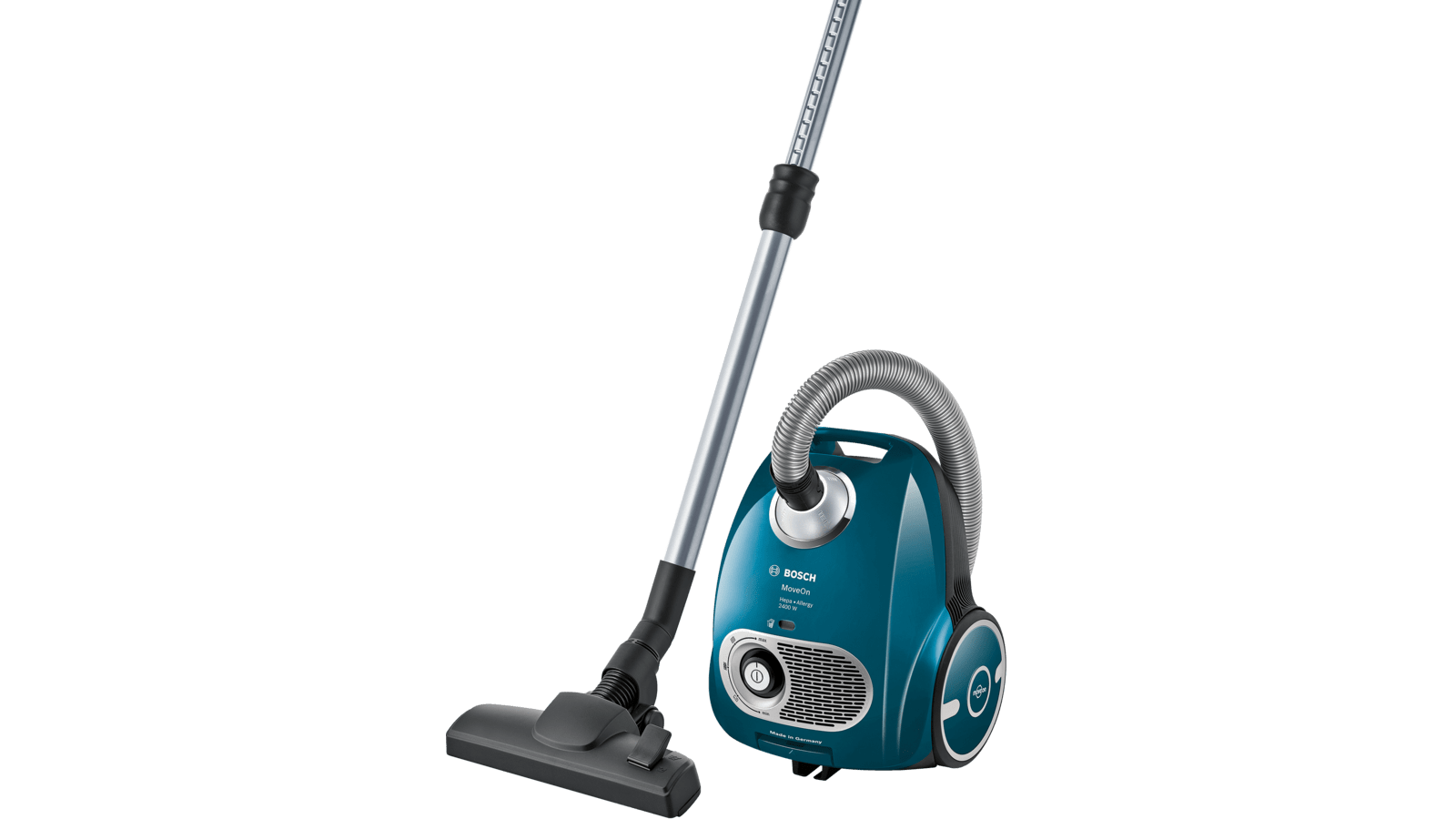 Teal Compact Canister Vacuum Cleaner With Hose And Floor Head PNG Photo