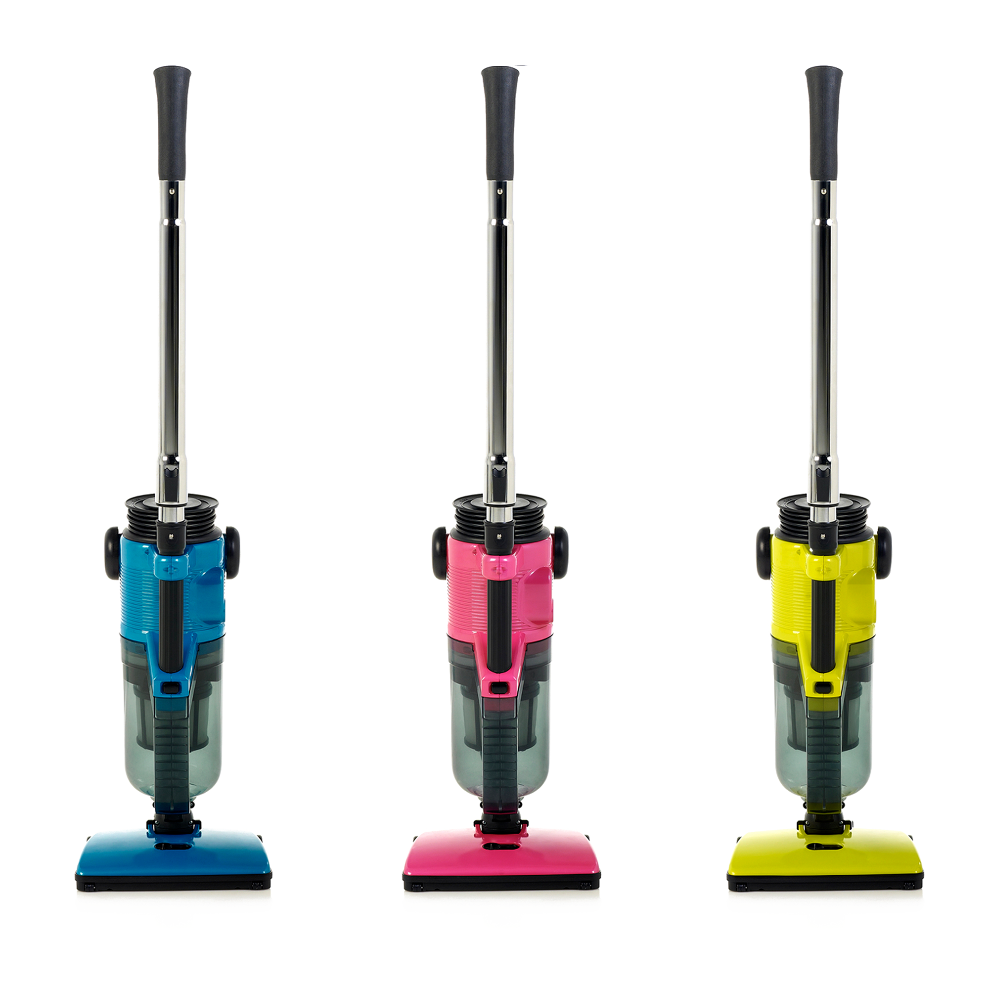 Three Cordless Stick Vacuum Cleaners In Blue Pink And Yellow PNG Product Collection