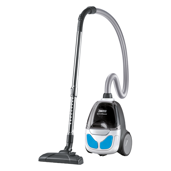 White Compact Canister Vacuum Cleaner With Blue Accent And Hose PNG Product Image