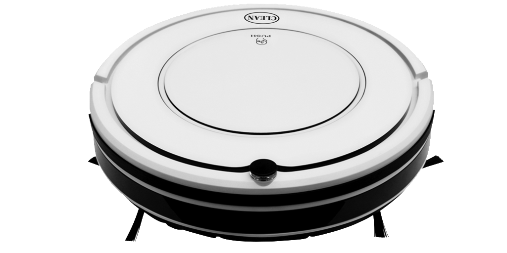White Round Robotic Floor Vacuum Cleaner With Black Sensor Ring PNG Product Image