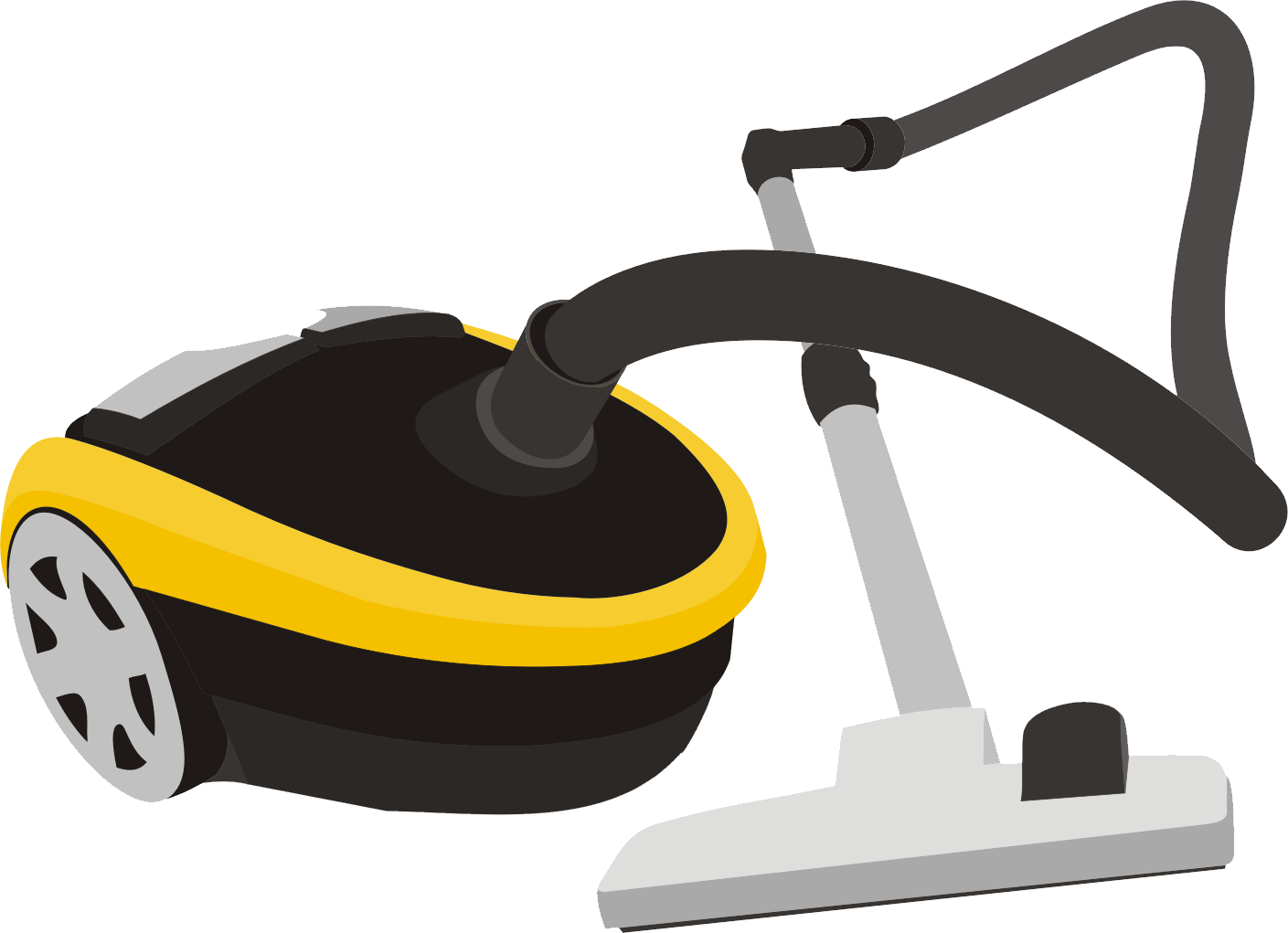 Yellow And Black Cartoon Vacuum Cleaner With Long Curved Hose PNG Illustration