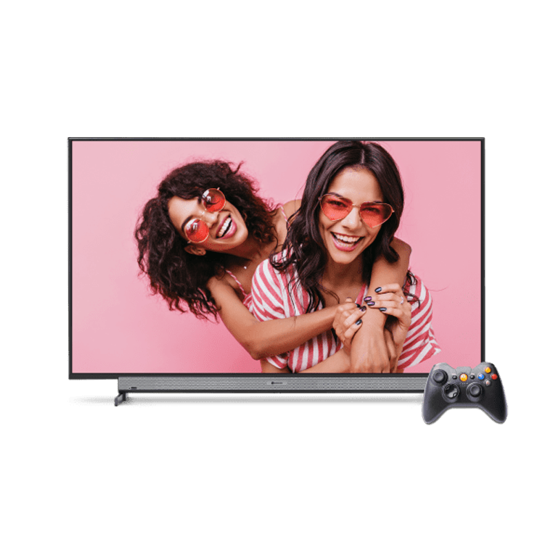 Flat Screen TV With Two Women On Screen And Game Controller PNG Product Image