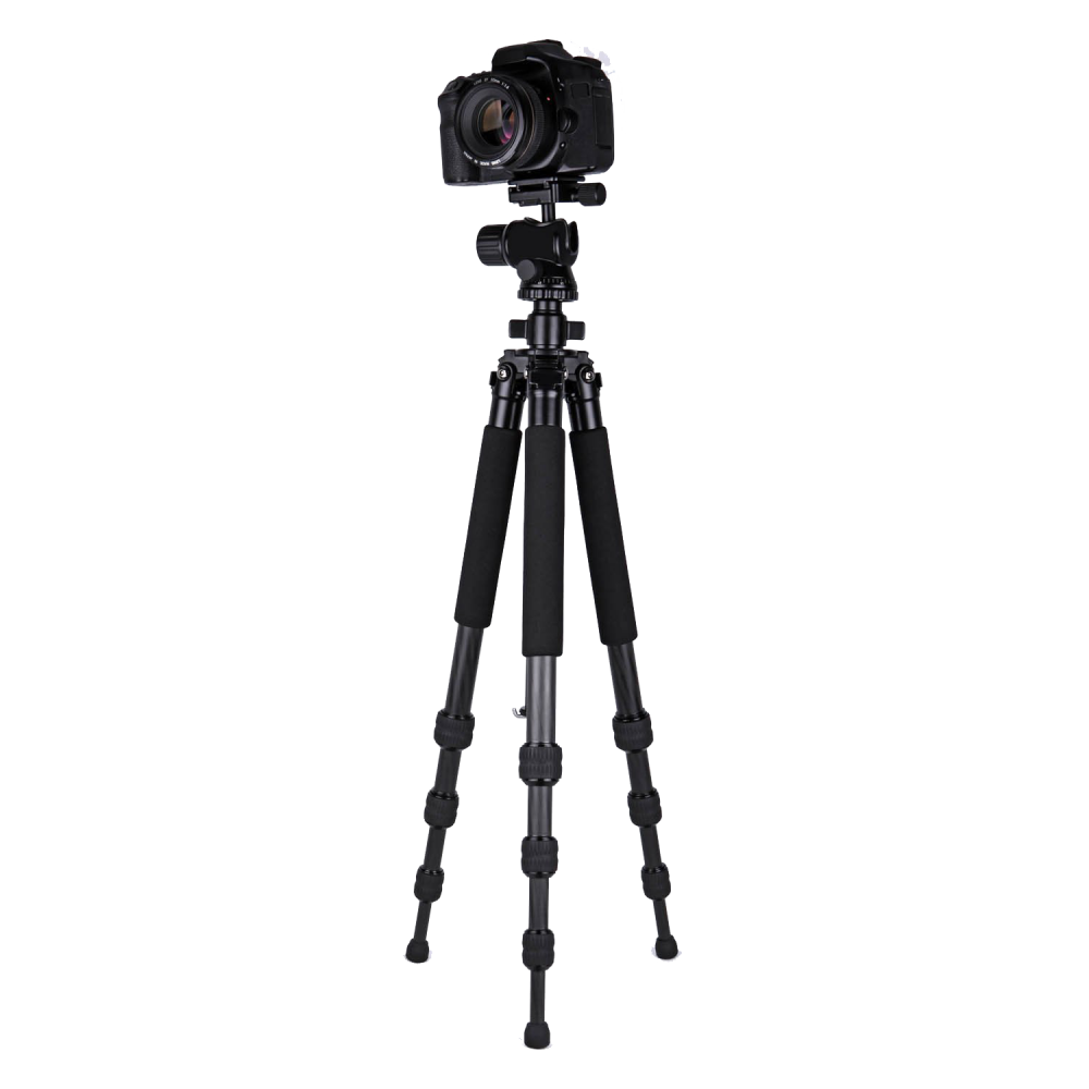 Black DSLR Camera On Adjustable Travel Tripod Isolated PNG Photo