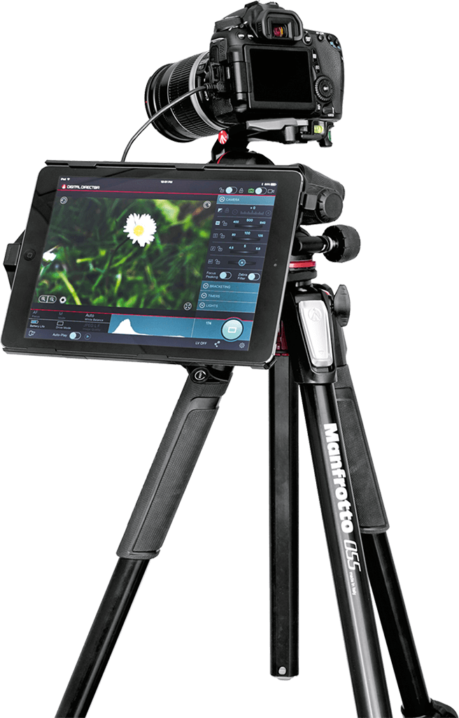 Digital Camera With Flip Screen Mounted On Tripod Transparent Background PNG Graphic