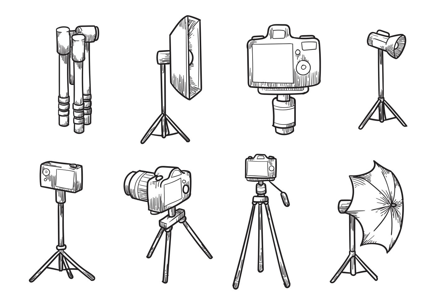 Collection Of Camera Tripod And Lighting Stand Line Drawings PNG Illustration