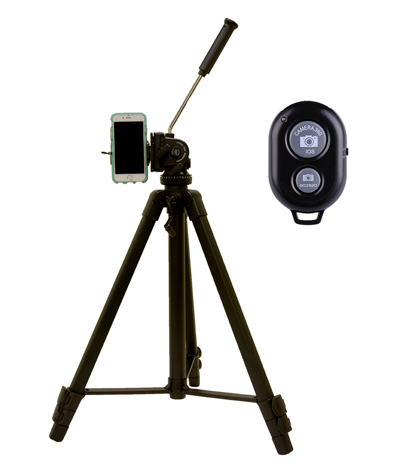 Portable Tripod With Smartphone Holder And Remote Control PNG Graphic