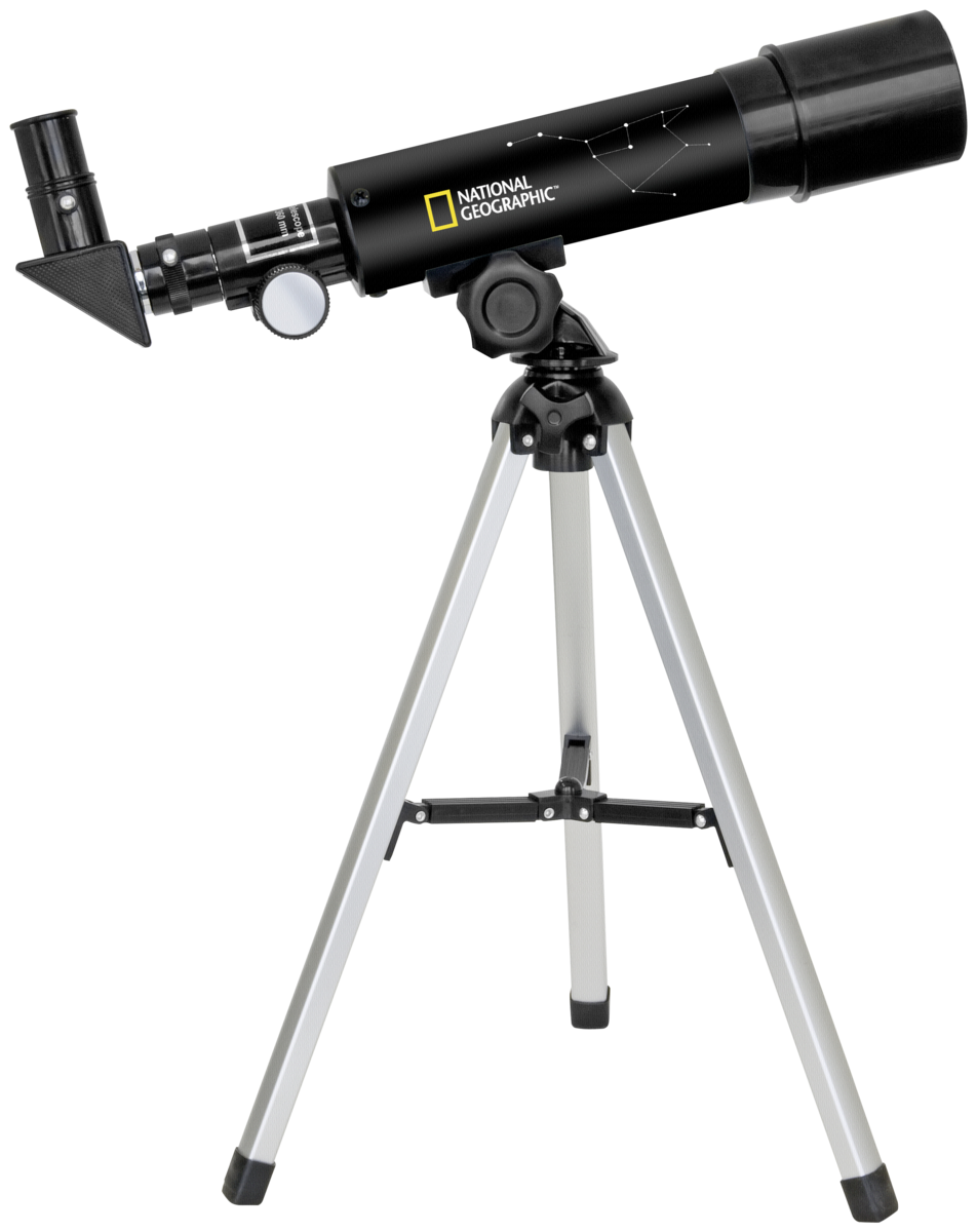 Black Optical Telescope On Silver Tripod With Accessory Tray PNG Image