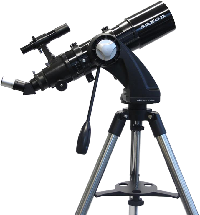 Black Refractor Telescope Mounted On Adjustable Tripod PNG Product Photo