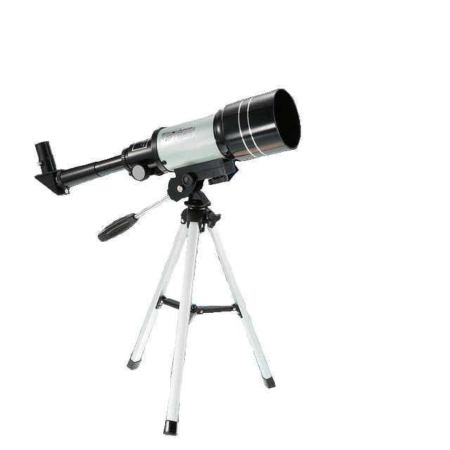 White Telescope On Silver Tripod With Long Optical Tube PNG Product Photo