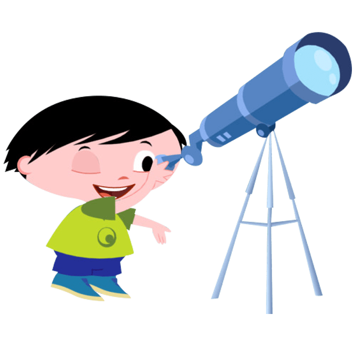 Child Looking Through Blue Telescope On Tripod Cartoon PNG Illustration