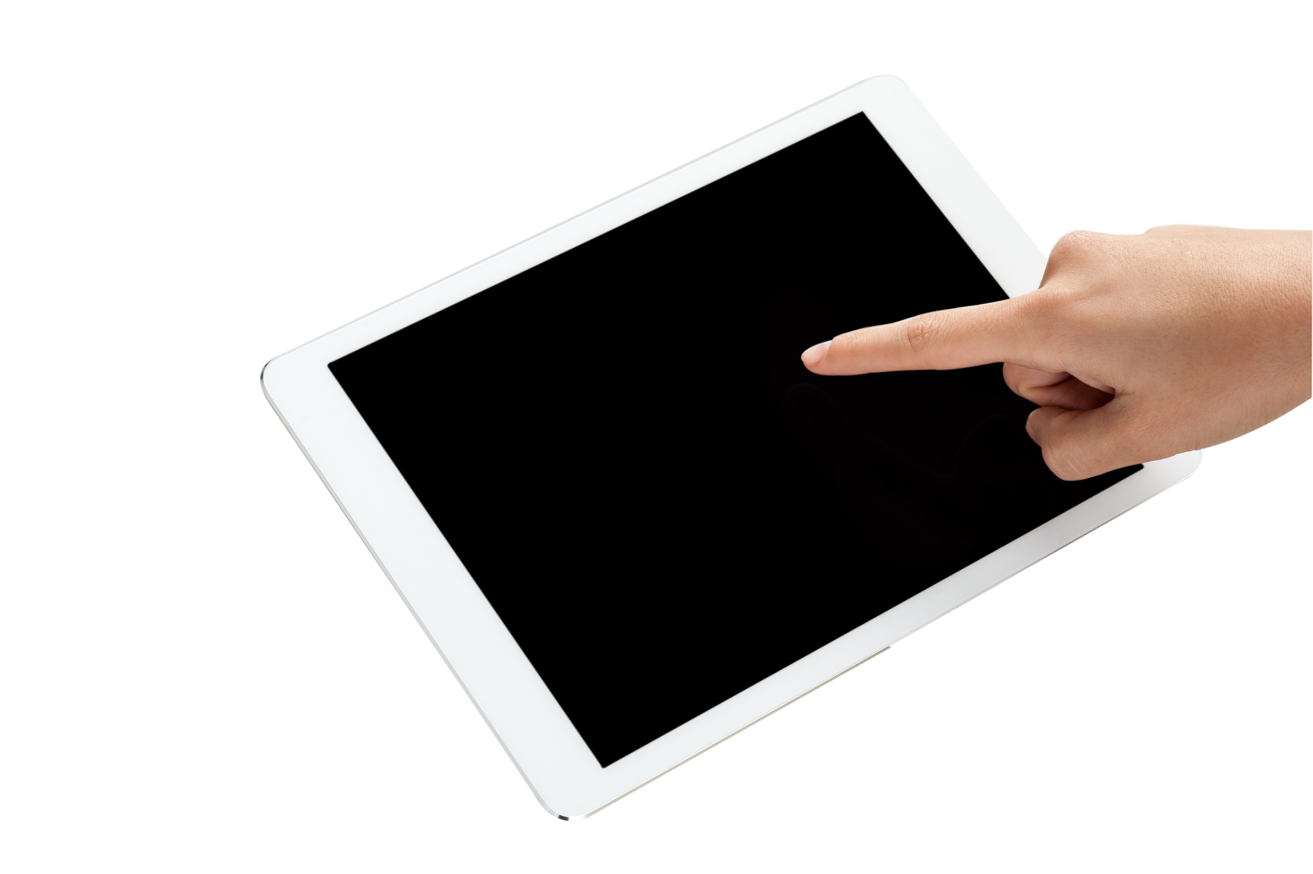 Finger Touching Blank Black Tablet Screen On White Device PNG Photo