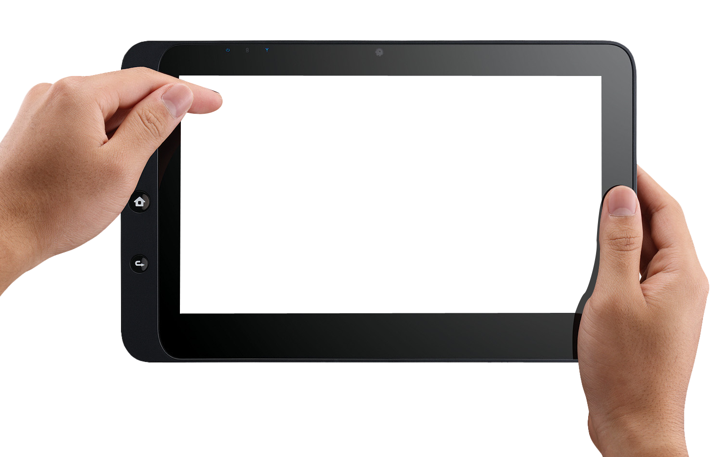 Hands Holding Black Tablet In Landscape Orientation PNG Product Photo