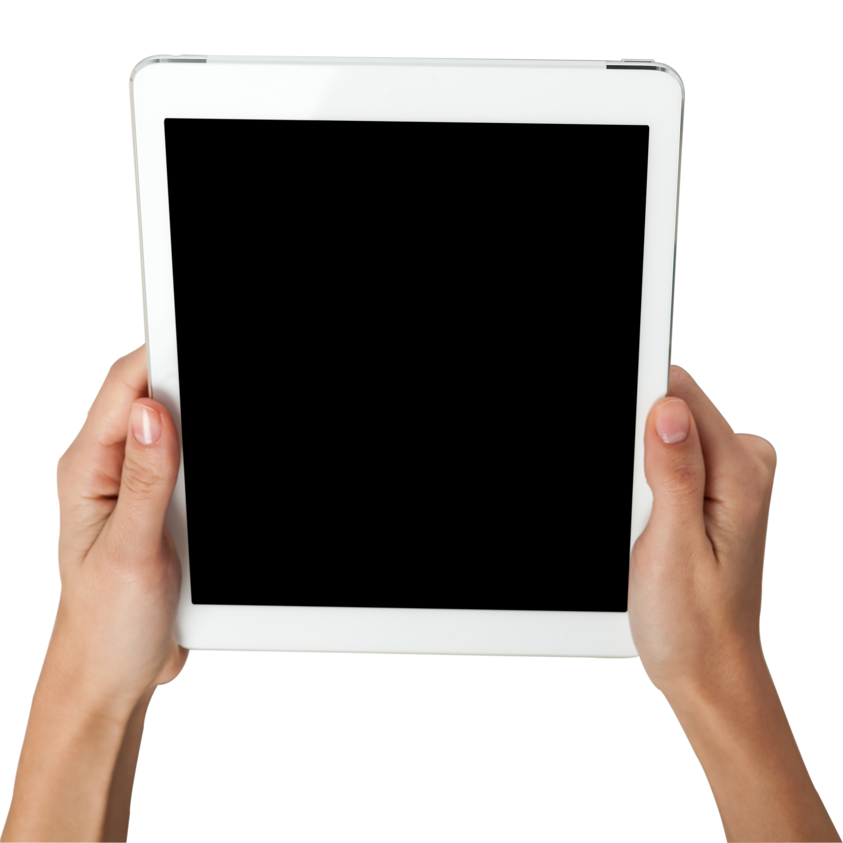 Hands Holding White Tablet In Portrait Position Transparent PNG Photo