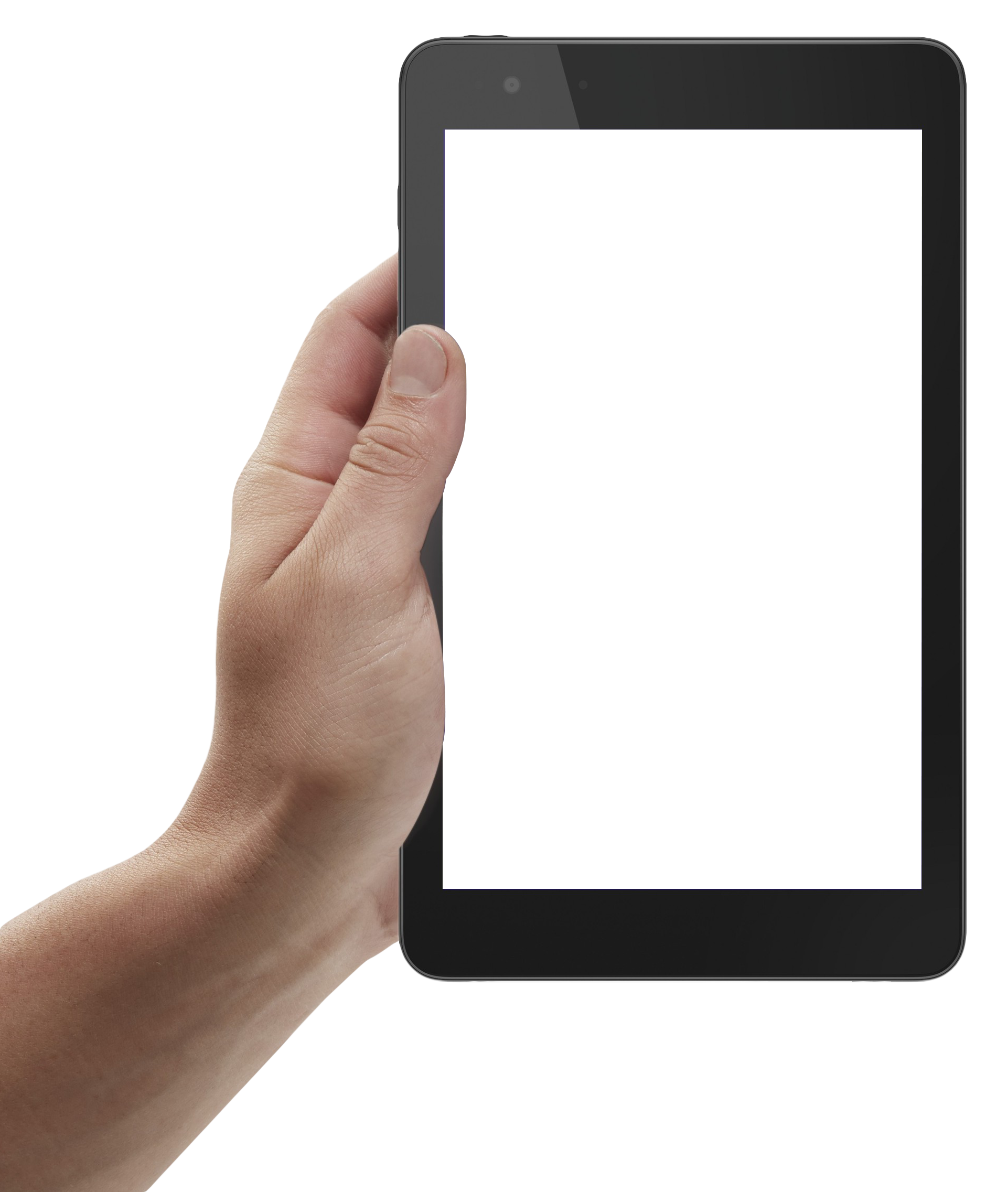 Portrait Black Tablet With White Display Held In One Hand PNG Mockup