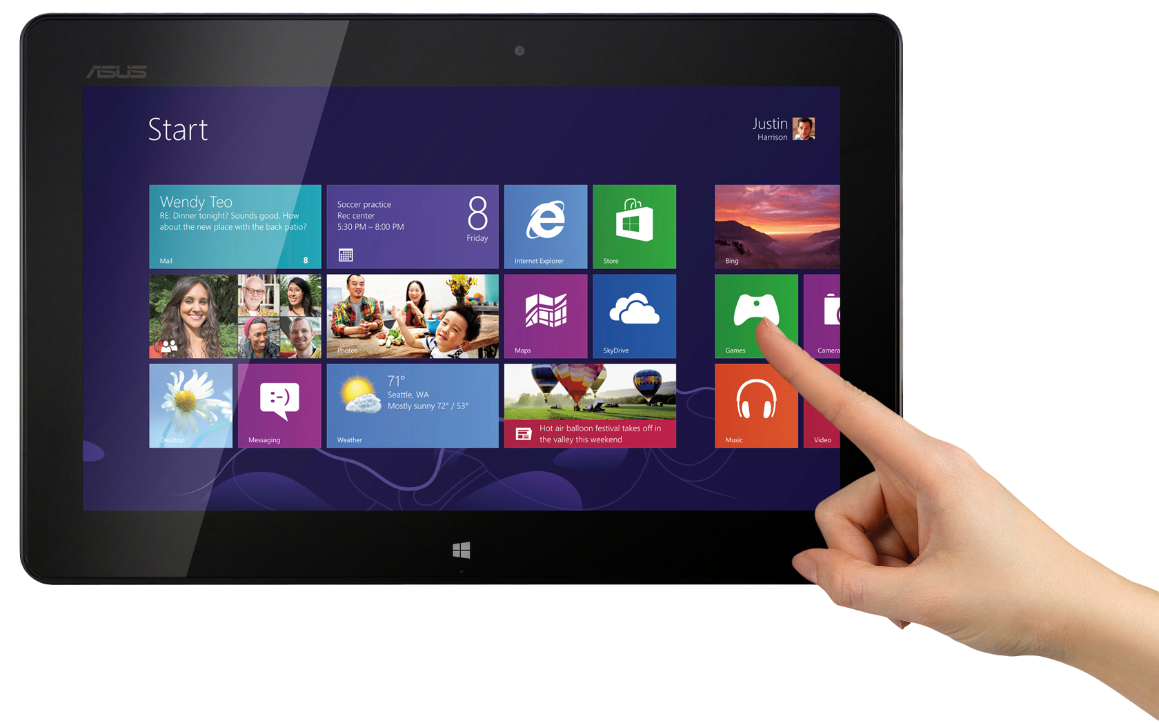 Windows Tablet With Start Screen And Touching Finger PNG Device Image