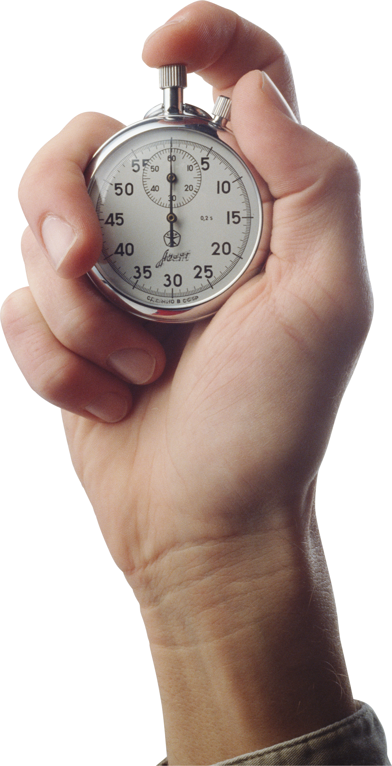 Hand Holding Small Analog Stopwatch For Measuring Time PNG Photo