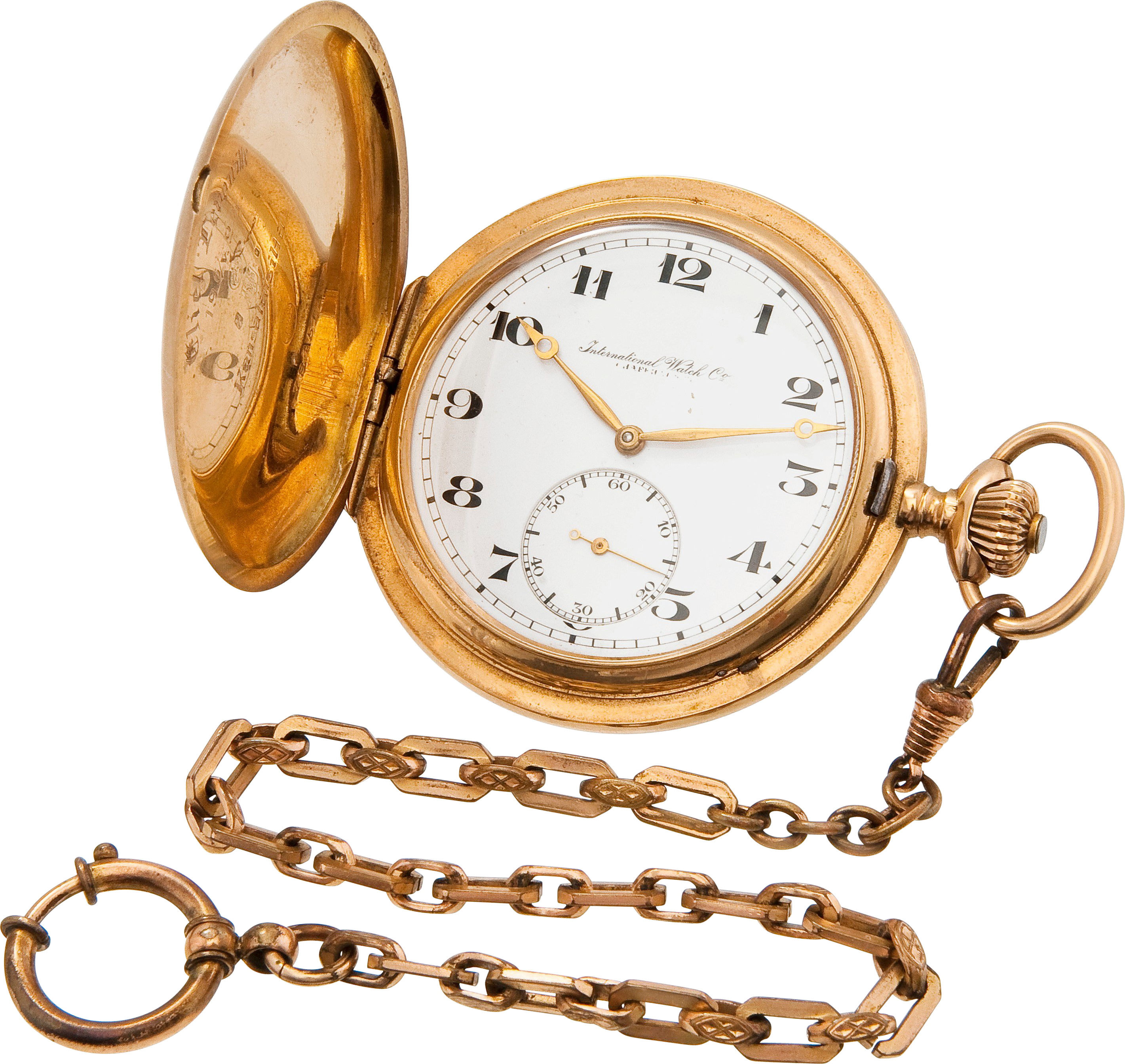 Open Gold Antique Pocket Watch With Chain And Roman Numeral Dial PNG Photo