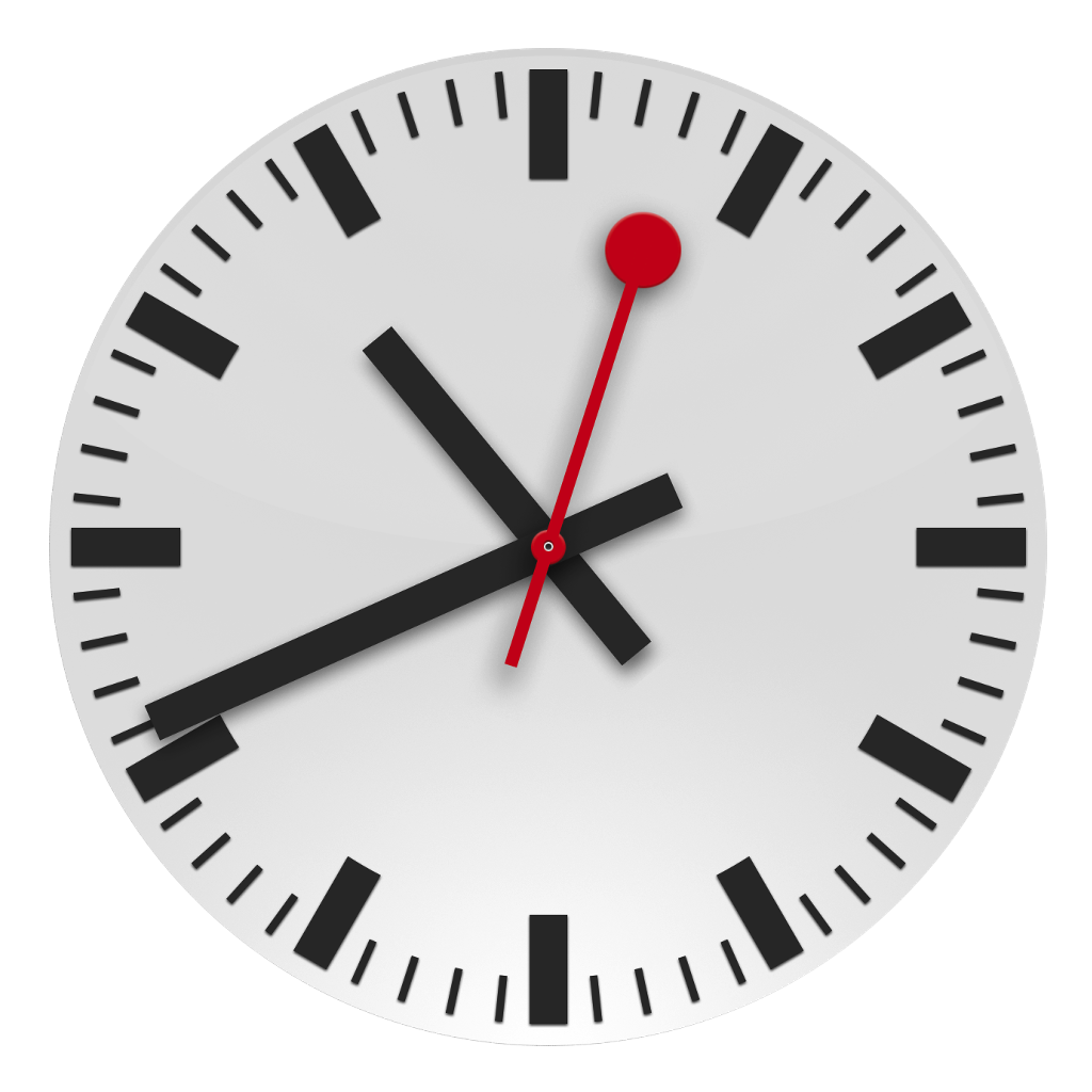 Round White Analog Wall Clock With Black Hands And Red Second Hand PNG Image