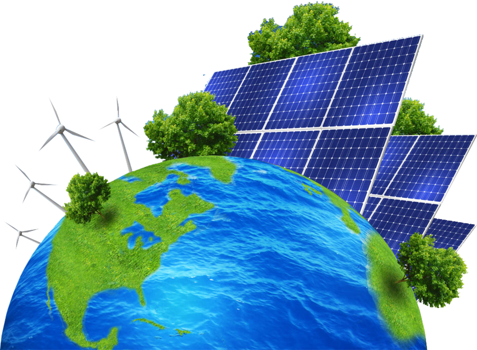 Earth Globe Surrounded By Solar Panels And Wind Turbines PNG Illustration