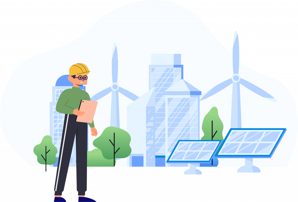 People And Wind Turbines In Green Solar Energy Landscape Illustration PNG