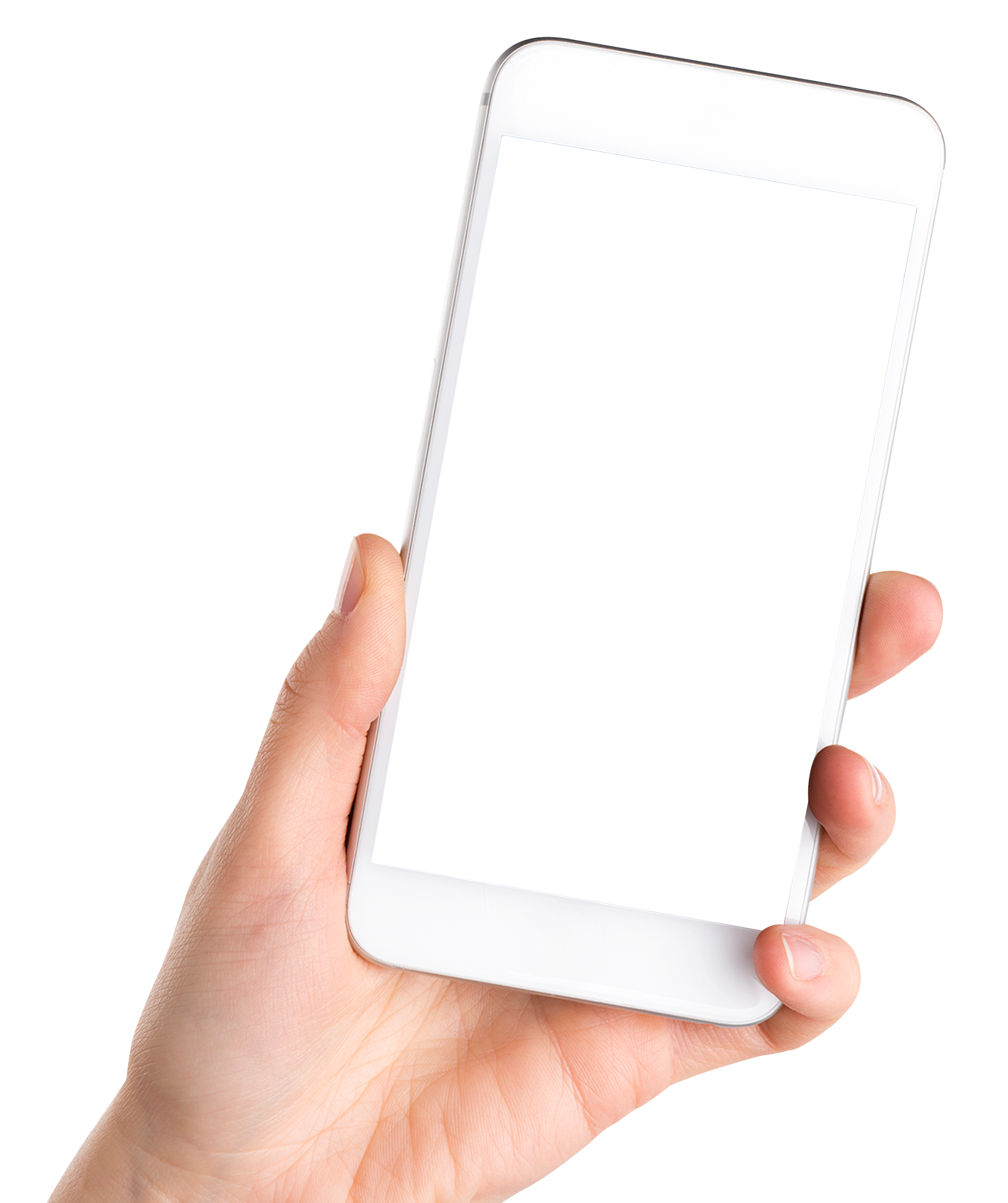 Angled White Smartphone In Hand With Blank Display PNG Mockup Photo