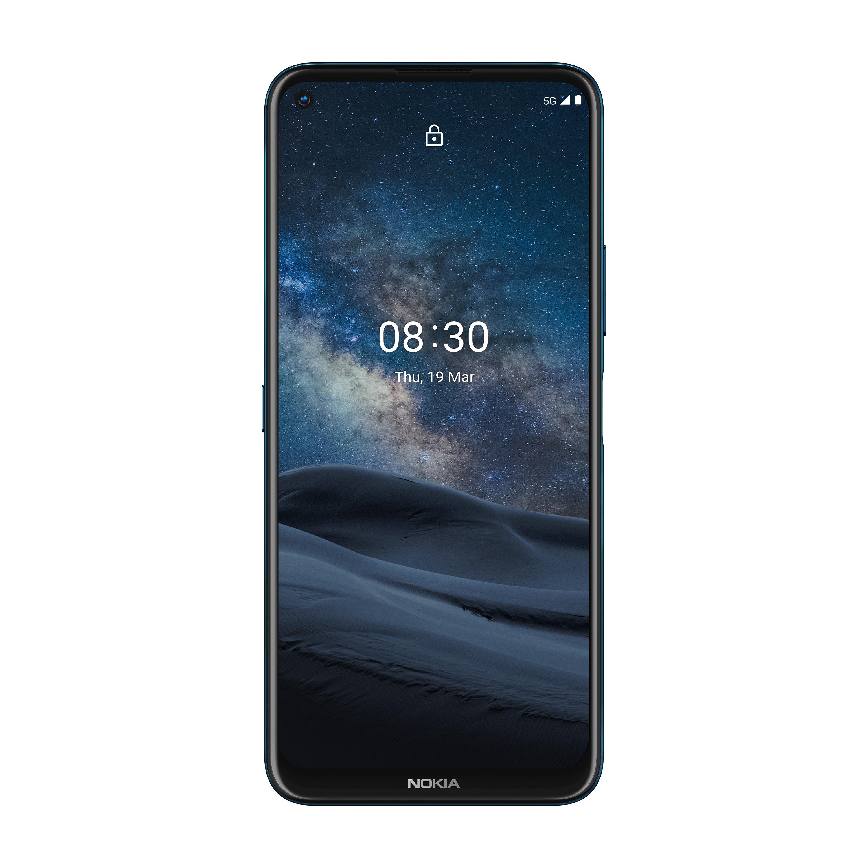 Black Android Smartphone With Blue Mountain Lock Screen Wallpaper PNG Product Image